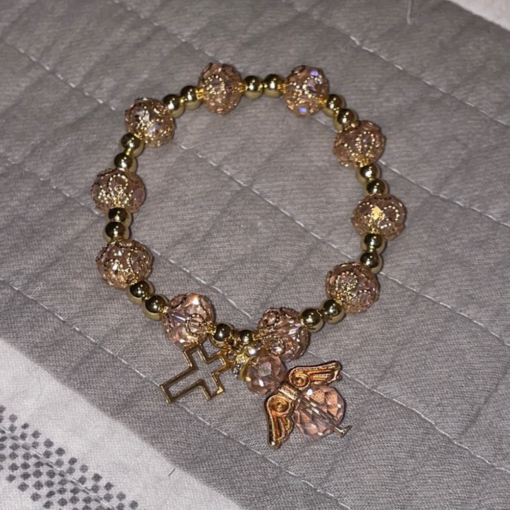 Cross and Angel Charmed Gold Beaded Bracelet - Picture 1 of 4
